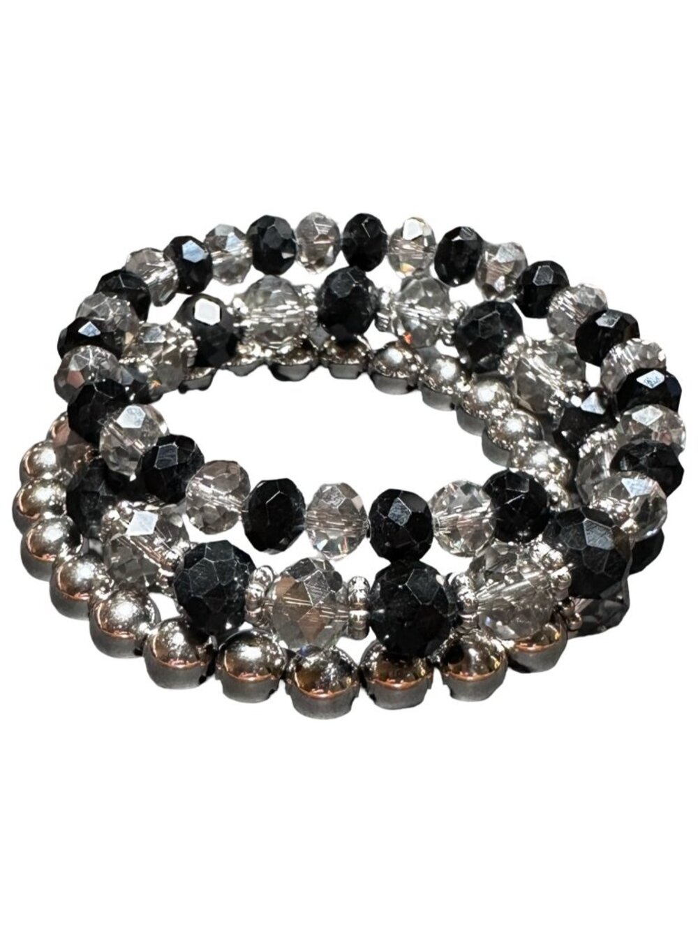 Wrap Bangle Bracelet Black White Silver Tone Beaded Lightweight Womens Jewelry - Picture 4 of 6